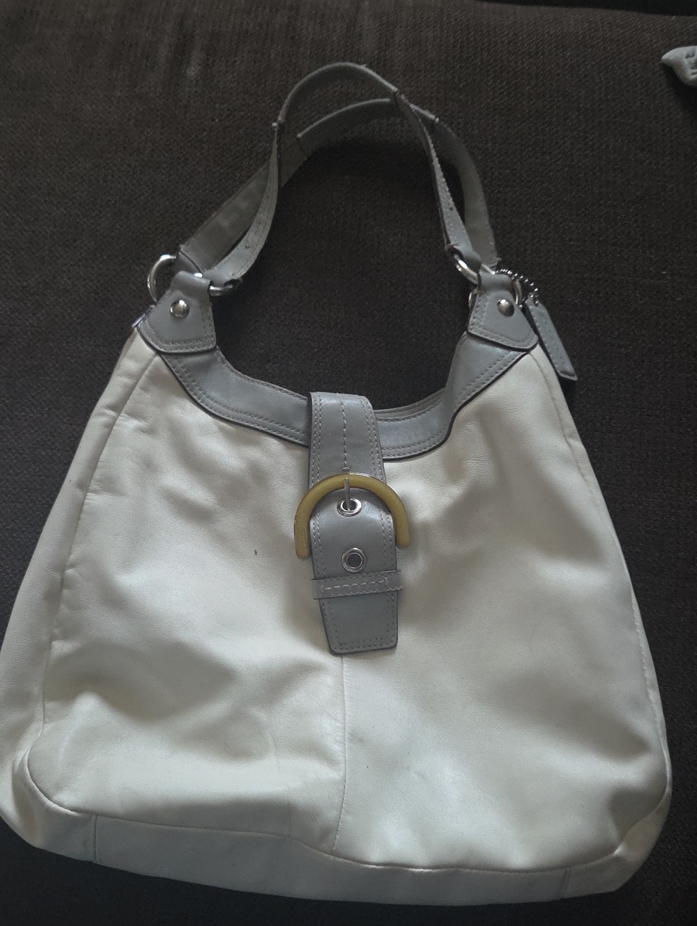 Coach White and Light Gray Leather-Trim Hobo with Gold Plastic Buckle
